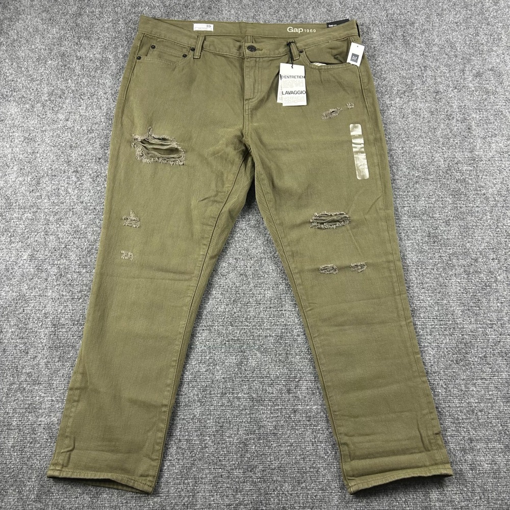 Gap 1969 Girlfriend Jeans Womens 33r Olive Green‎ Distressed Ripped Denim Pants
